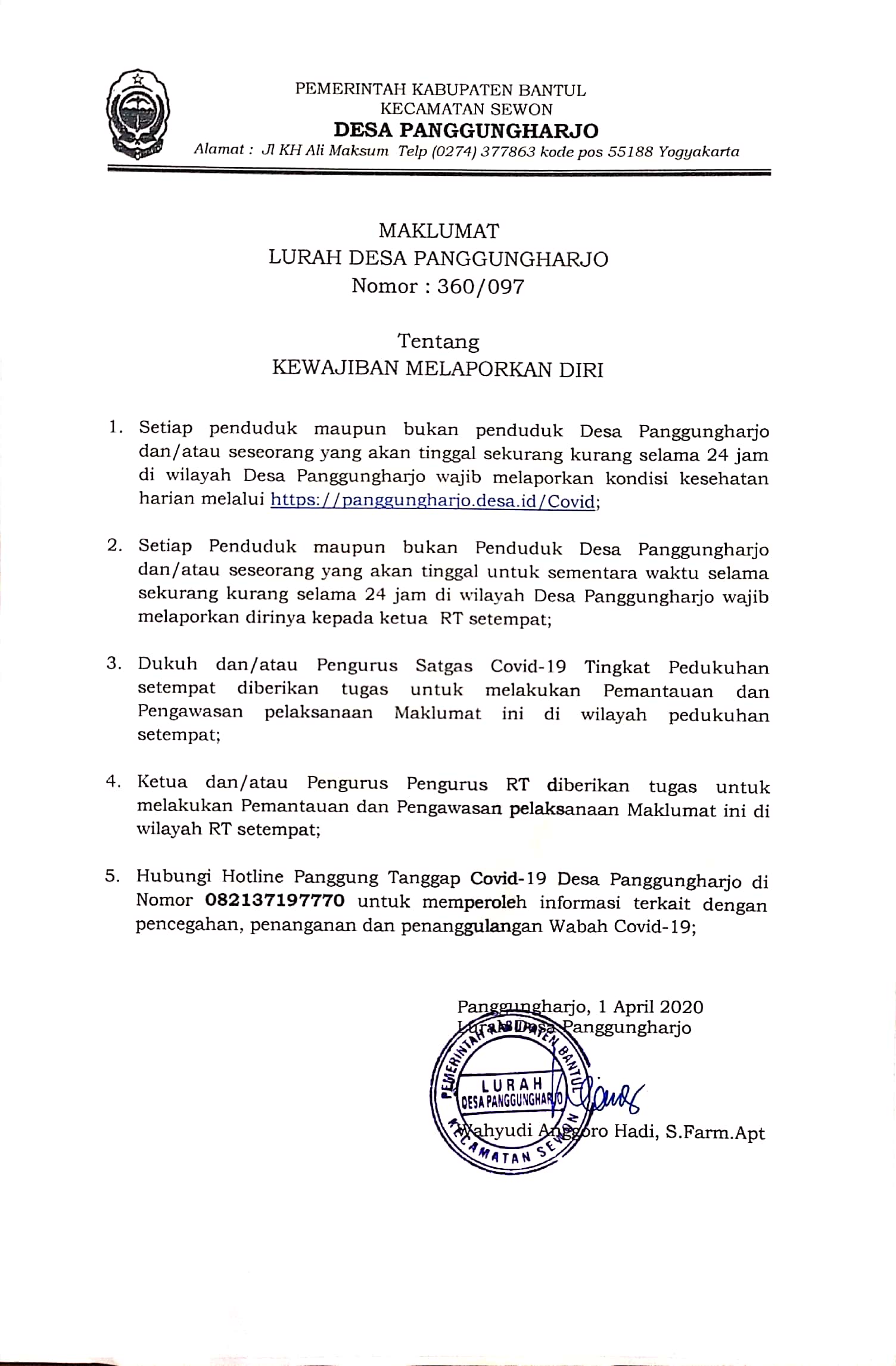 Lurah Desa Panggungharjo Kembali Keluarkan Maklumat Penanganan Covid-19