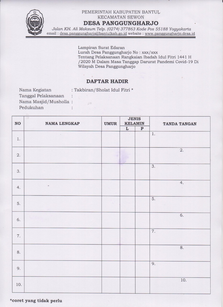 Lurah Desa Panggungharjo Keluarkan Surat Edaran Tentang Pelaksanaan Rangkaian Ibadah Idul Fitri 1441 H/ 2020 M Dalam Masa Tanggap Darurat Covid-19
