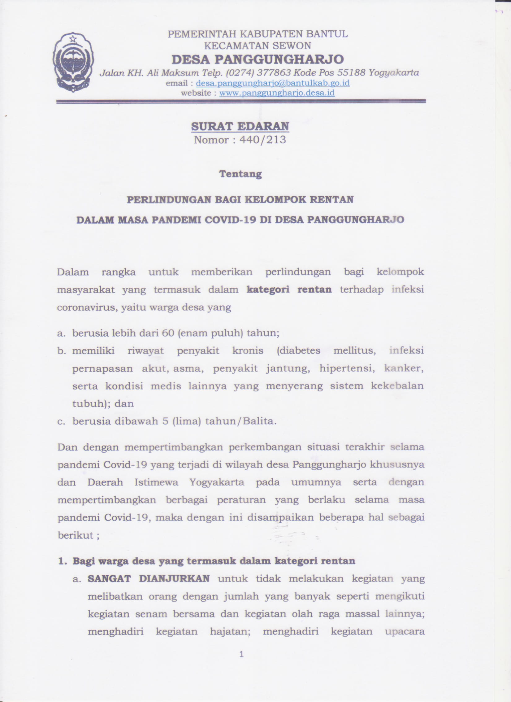 Lurah Desa Panggungharjo Keluarkan Surat Edaran Tentang Perlindungan Bagi Kelompok Rentan Di Masa Pandemi Covid-19