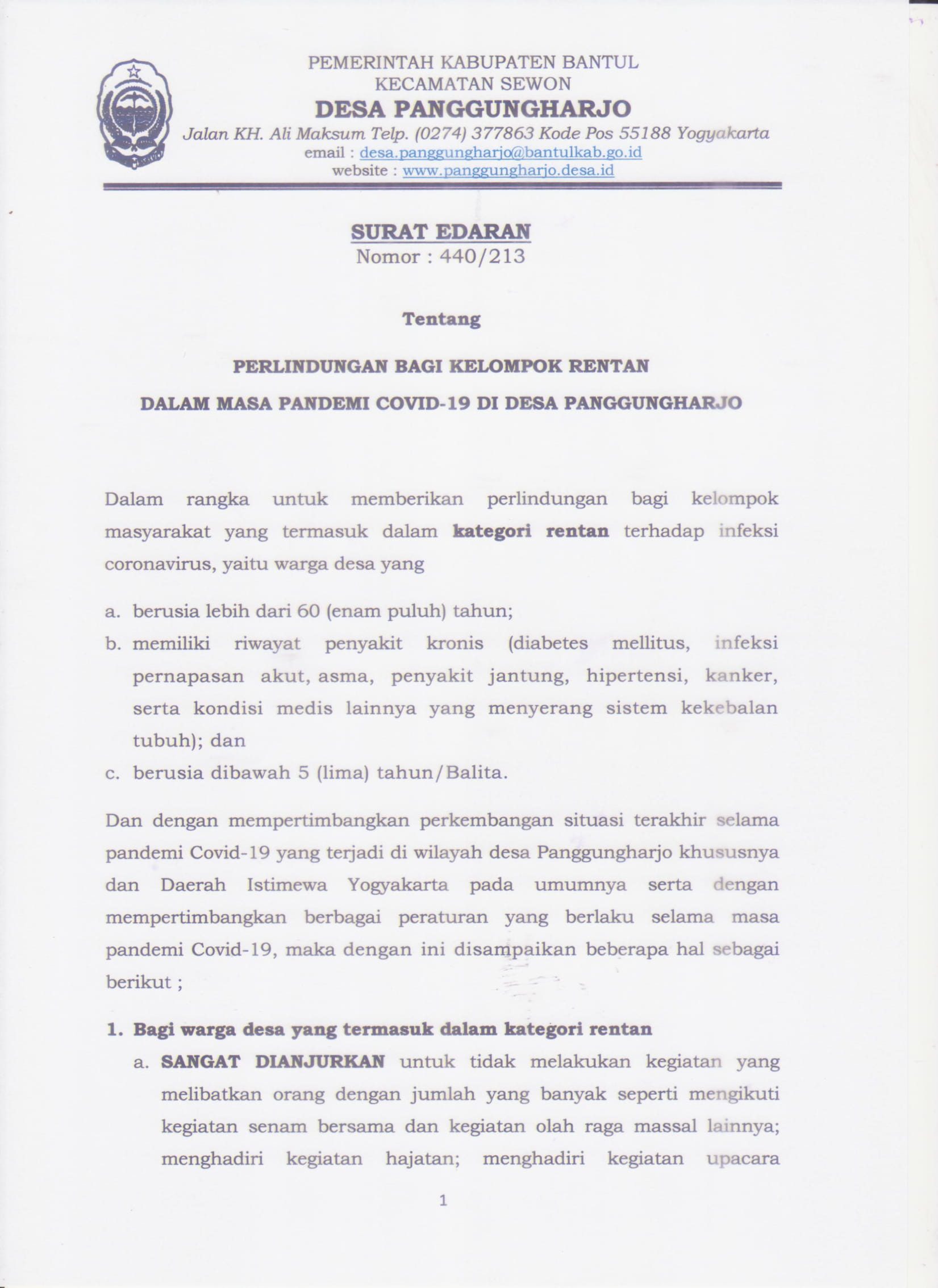 Lurah Desa Panggungharjo Keluarkan Surat Edaran Tentang Perlindungan Bagi Kelompok Rentan Di Masa Pandemi Covid-19