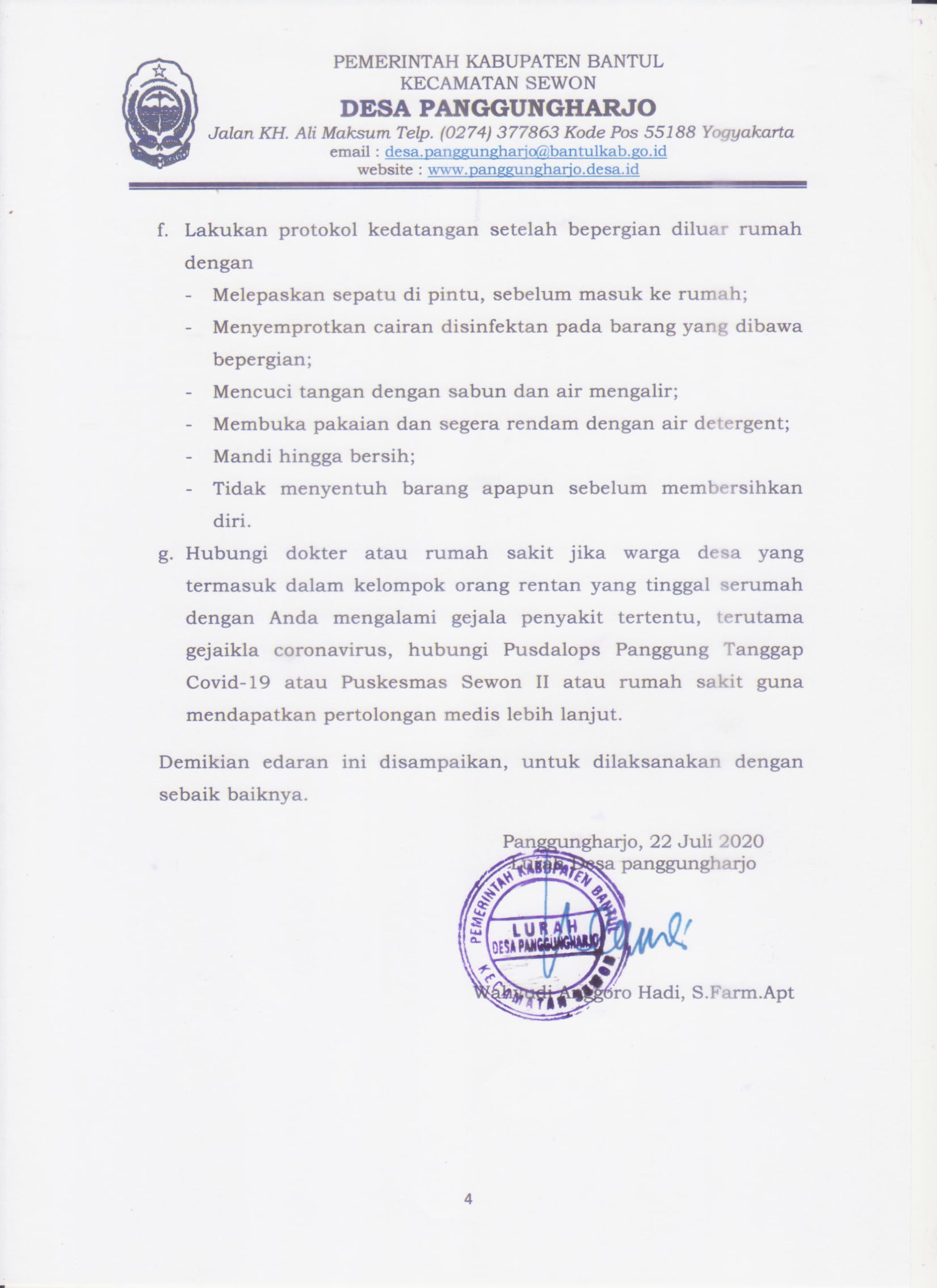 Lurah Desa Panggungharjo Keluarkan Surat Edaran Tentang Perlindungan Bagi Kelompok Rentan Di Masa Pandemi Covid-19